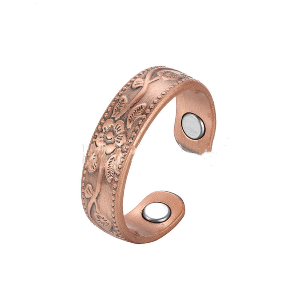 Womens Carved Plum Design Ring Solid Red Copper Magnetic European Style Jewelry Accessory Elegant Plated Charm