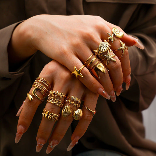 Female Titanium Steel Gemstone Ring with 18K Gold Electroplated Geometric Round European Retro Americans Design