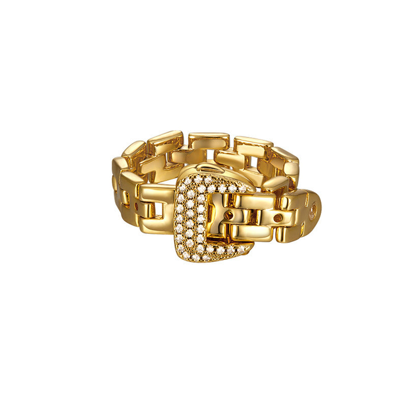 Womens Adjustable Ring 18k Gold Plated Copper Geometric Design with Alloy Inlay and Artificial Gems High Sense