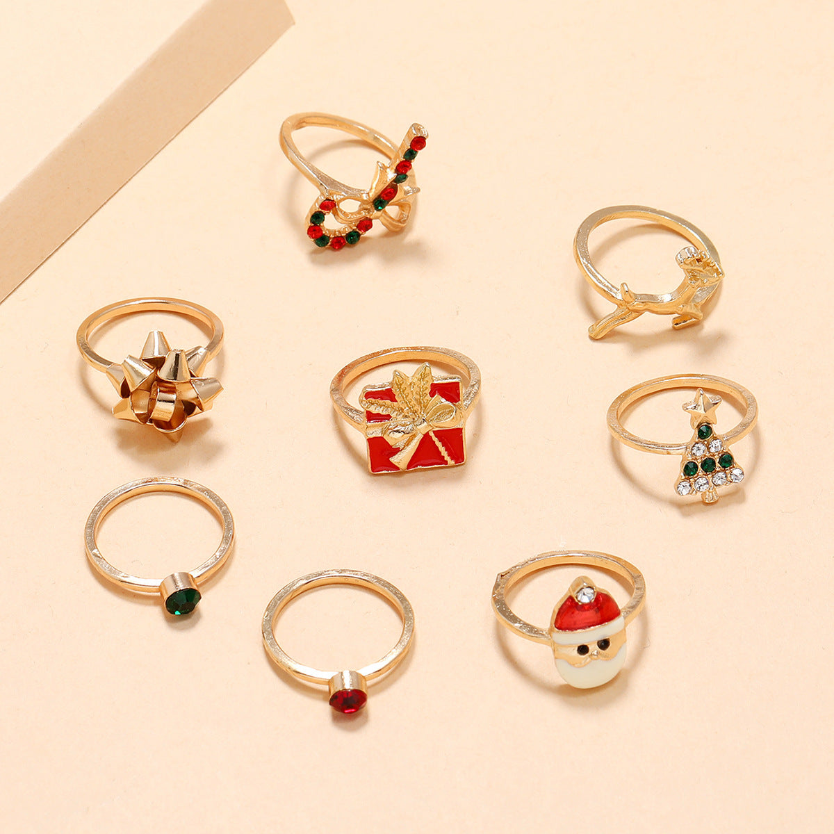 Women Fashion Ring Set 8 Piece Christmas Tree Ring Gift Wand Ring Santa Bowknot Elk Design Alloy Geometric Gem