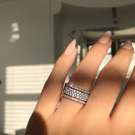 Silver Wide Band Ring Unisex Metal With Inlaid Gems For Engagement Travel Gift Ideal Everyday Jewelry Gift Ready