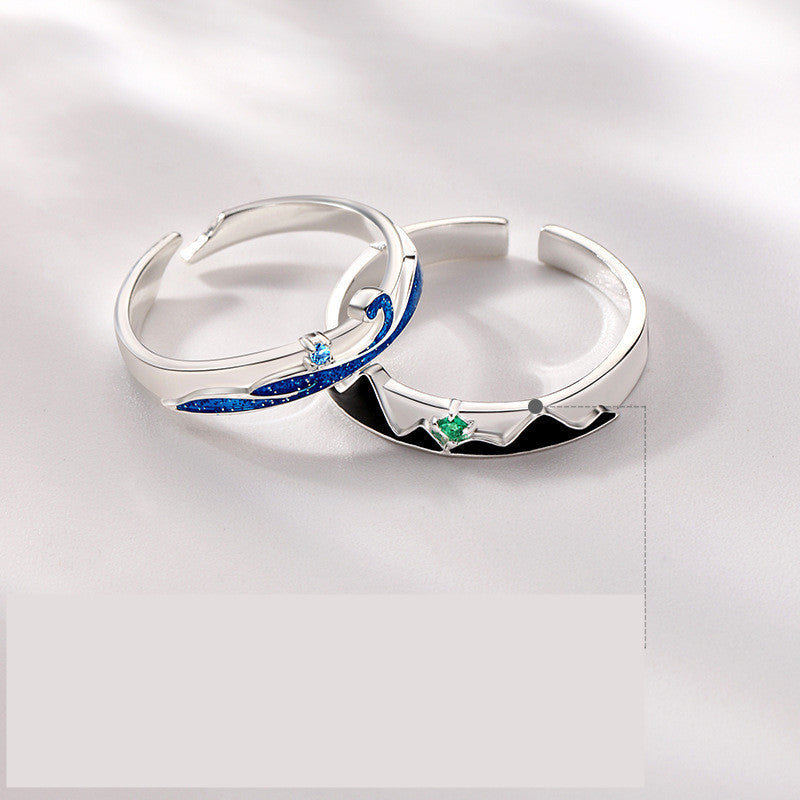 Sterling Silver Couple Rings Wave Design Diamond Inlaid Matching Bands Korean Promise Rings for Him and Her 925 Silver Anniversary Engagement Rings Sets