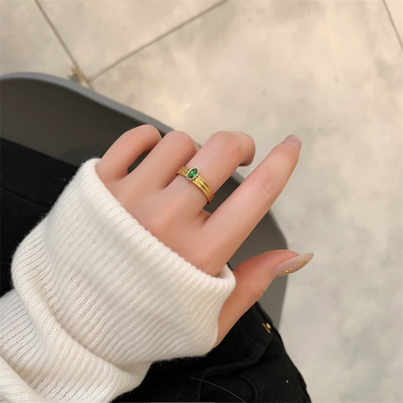 Women's Retro Double Layer Ring Gold Titanium Steel 4mm Band with 5x3mm Diamond Sizes 6 7 8 9 Stylish keepsake