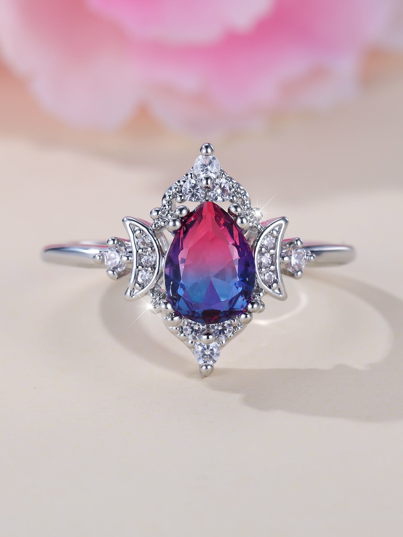Copper Crown Ring Women Water Drop Tourmaline Style Fashionable Personality Statement Jewelry Silver Rose Blue