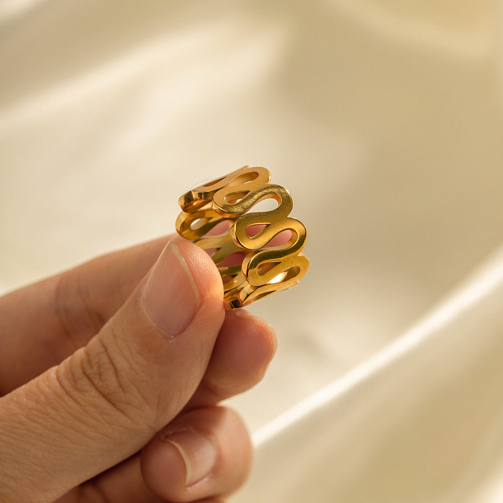 Women's Double 18K Gold Plated Ring Stainless Steel Symmetrical Geometric Ins Style Line Design Ring For Her