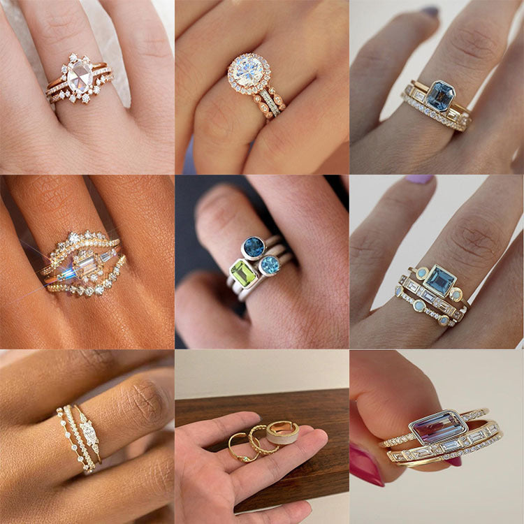 Womens Elegant Zircon Rings 3 Piece Set Unisex Geometric Alloy Electroplated Finish Jewelry Fashion Accessories