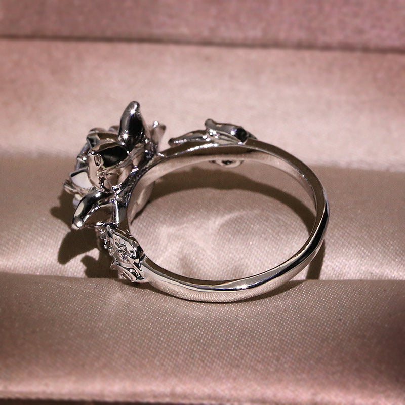 Womens Brass Ring Delicate Cutout Flower Gemstone Inlay