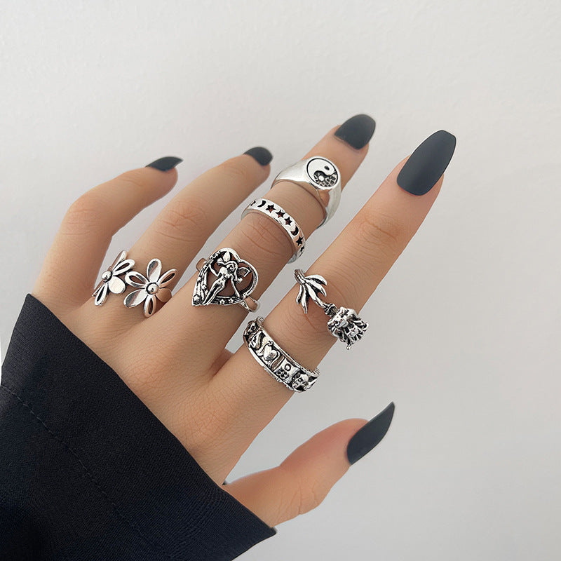 Womens Fashion Vintage Ring Set Geometric Silver Finish Electroplated Alloy Band Rings For Women Everyday Use
