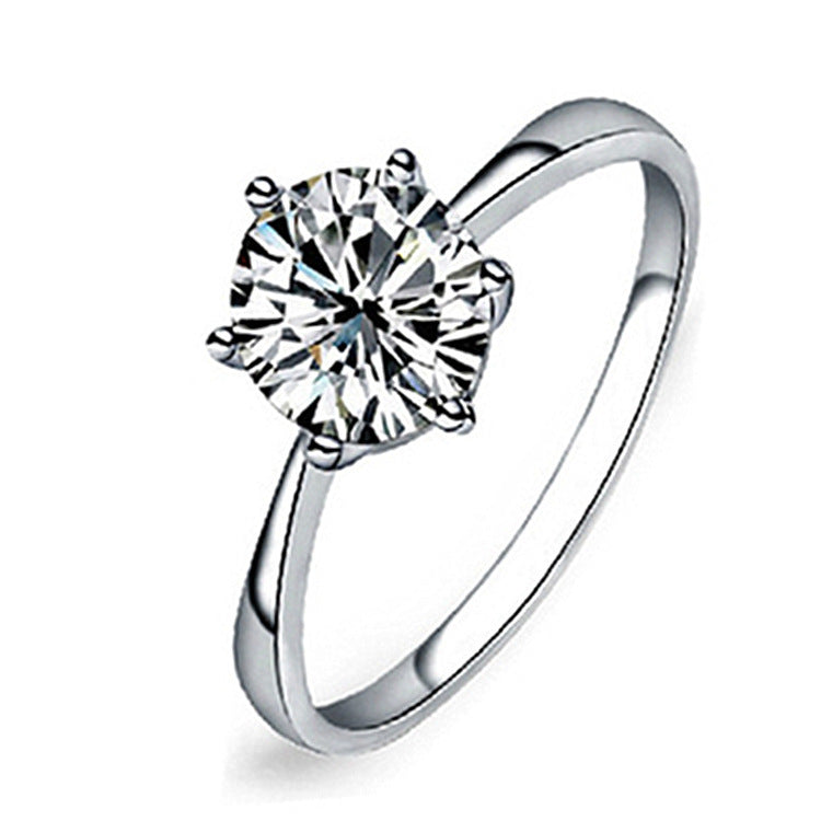 Ladies Crystal Zircon Six Claw Ring Platinum Plated Copper Engagement Wedding Anniversary Statement Elegant Ring