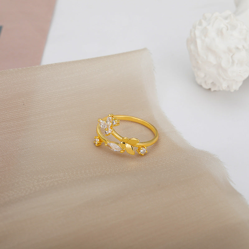 Womens Adjustable Flower Ring Zircon Gold Inlaid Copper