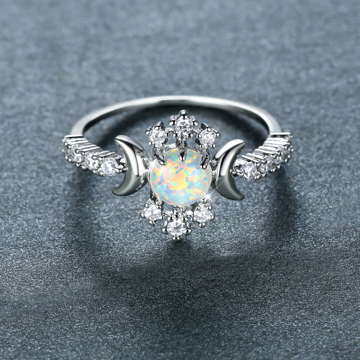 Round Glossy Double Moon Edge Set With Fancy Diamonds Opal Ring In White Gold Size 6 7 White Diamonds New Opal
