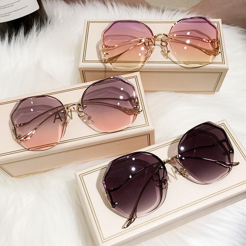Women Frameless Polygon Sunglasses Resin Lens Metal Frame Cut Edge Ocean Gradient Tea Shade Stylish Eyewear Stylish