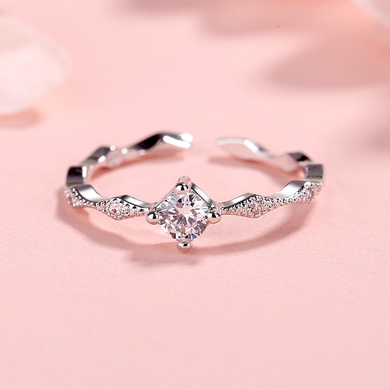 Women Copper Open Adjustable Ring Rhombus Diamond Zircon Accent Cold Wind Design 4mm Zircon Stone Everyday Wear