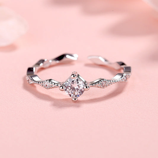 Women Copper Open Adjustable Ring Rhombus Diamond Zircon Accent Cold Wind Design 4mm Zircon Stone Everyday Wear