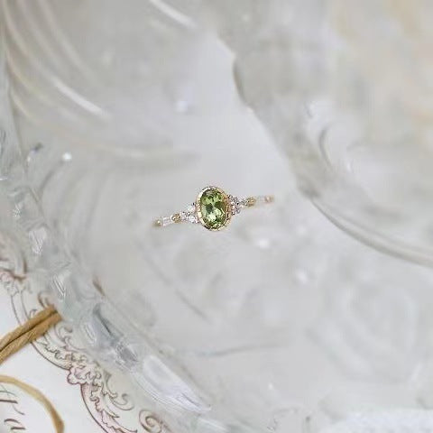 Women Adjustable Ring Imitation Olivine Gemstone Yellow Gold Plated Copper Fashion Jewelry Versatile Elegant Statement