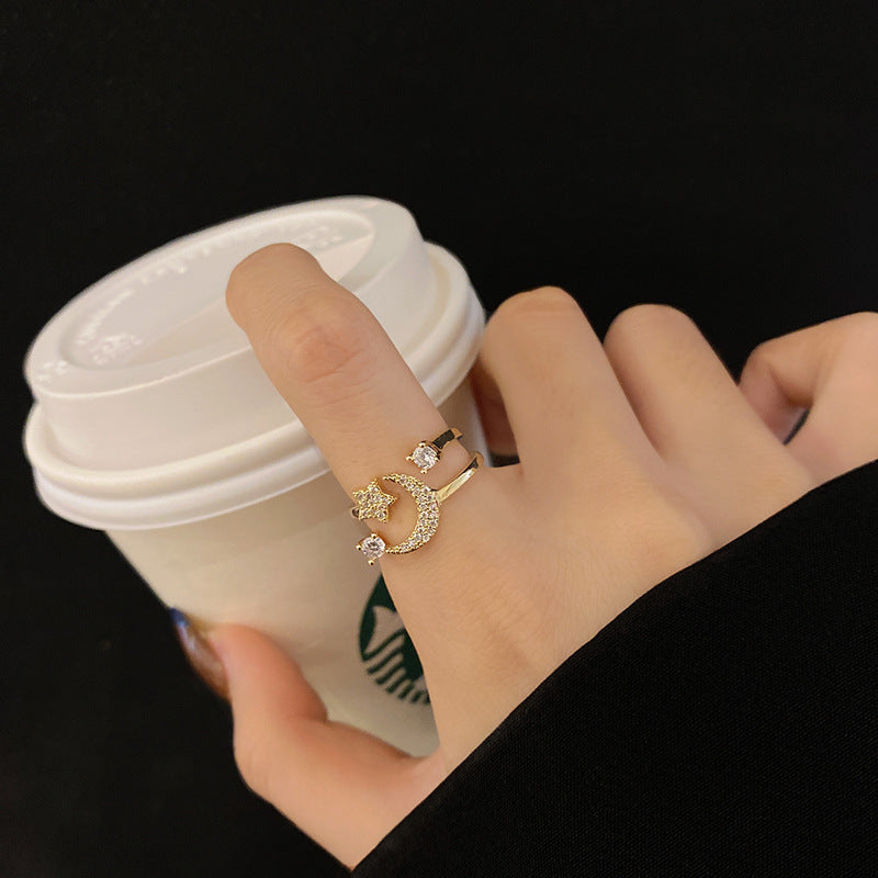 Womens Adjustable Star Ring and Moon Ring Copper Alloy with Gem Inlay Gold Zircon Celestial Jewelry Exclusive
