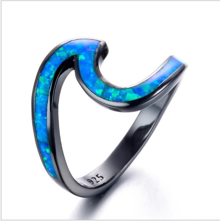 Womens Heart Ring Gold Plated Black Opal And White Ocean Wave Design Heart Shaped Jewelry For Women Size 5 To 10