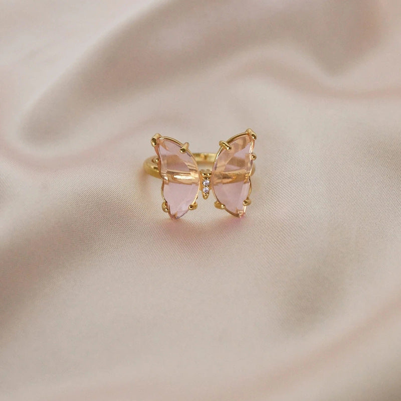 Womens Butterfly Ring With Crystal Glass Bow Electroplated Metal Finish Jewelry Gift For Her Elegant Design Gem