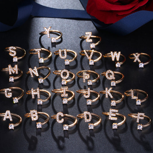 Unisex Copper Ring Adjustable Zircon Inlaid Letter Design
