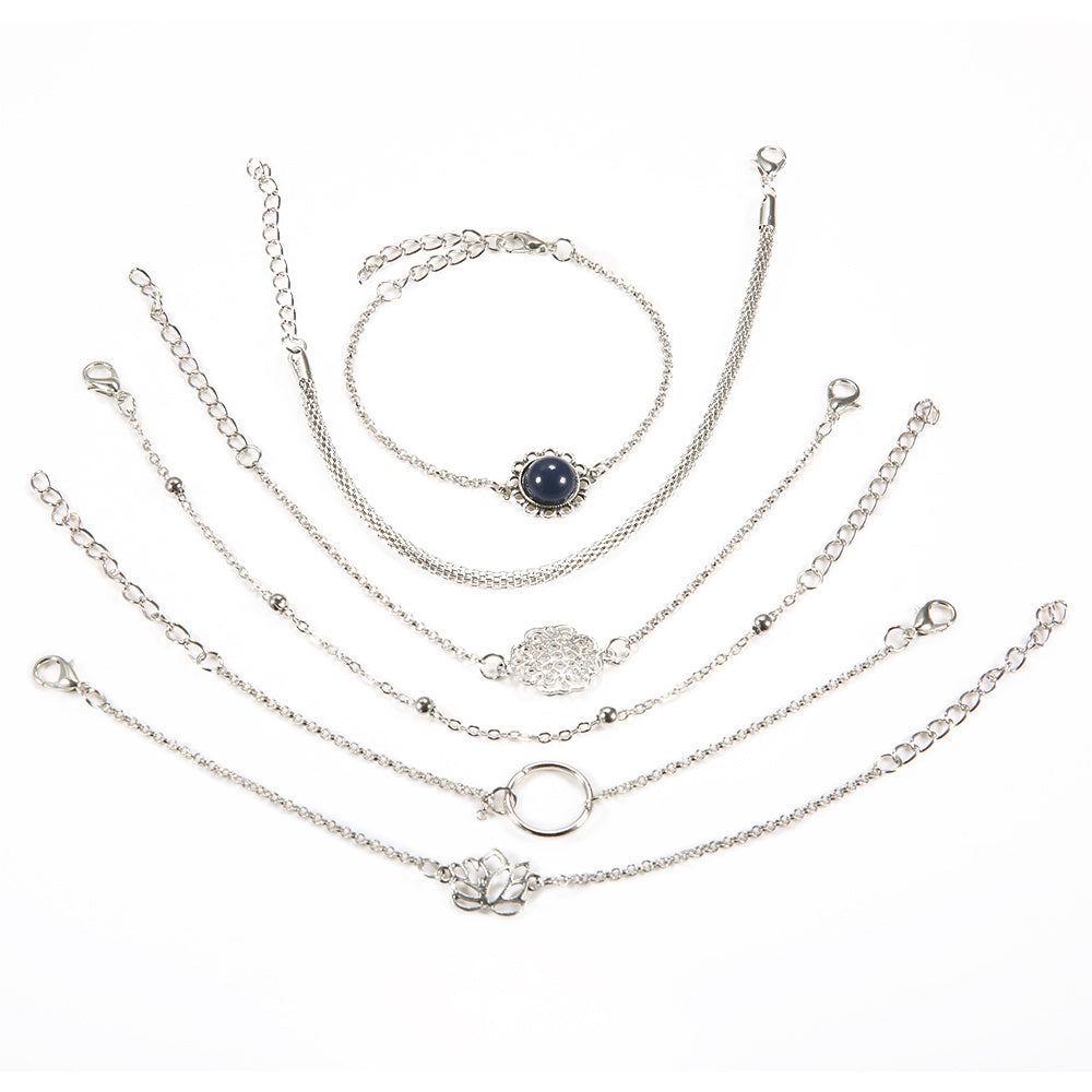 Bracelets Set 6 Pcs Lotus Flower Bead Alloy Chain Bracelets Trendy Round Stone Accents Elegant Fashion Jewelry