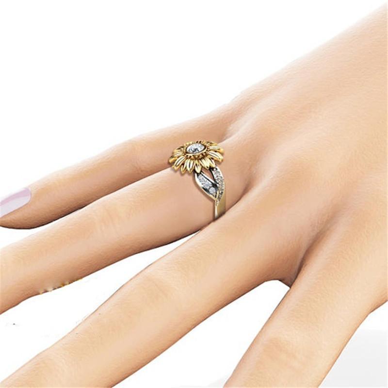 Gold Plated Couple Ring Sunflower Zircon Crystal 15mm Tension Setting Elegant Gift For Couples Delicate Detail