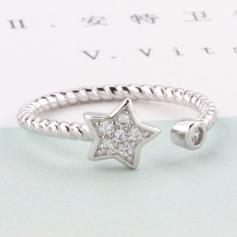Womens Five Pointed Star Ring White Copper Plated Korean Design Fashion Jewelry Dainty Elegant Versatile Rings