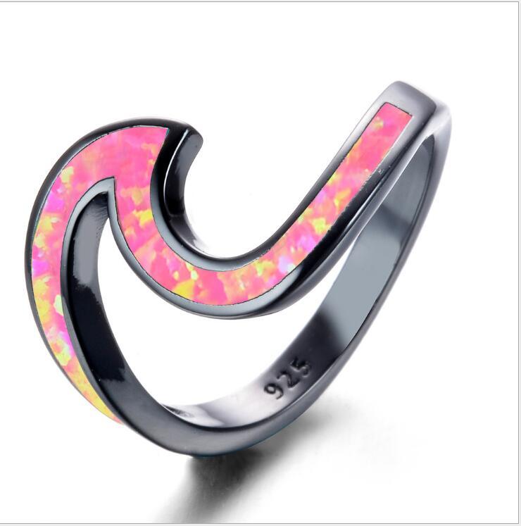 Womens Heart Ring Gold Plated Black Opal And White Ocean Wave Design Heart Shaped Jewelry For Women Size 5 To 10