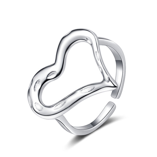 Sterling Silver Heart Ring For Women Korean Style Adjustable Opening Ring White Gold Plated 925 Simple Classic