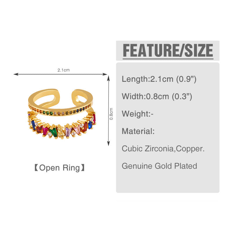 Geometric Copper Ring Inlaid Zircon Womens Adjustable Gold Jewelry Rainbow Popular Double Ring Jewelry Rainbow