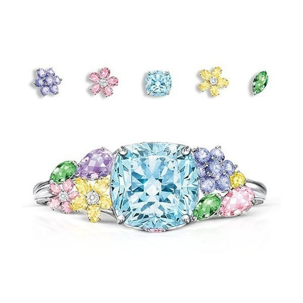 Gold Plated Alloy Ring Square Princess Gem Inlay For Women