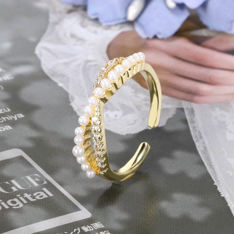 Golden Brass Pearl Temperament Cross Finger Ring Adjustable