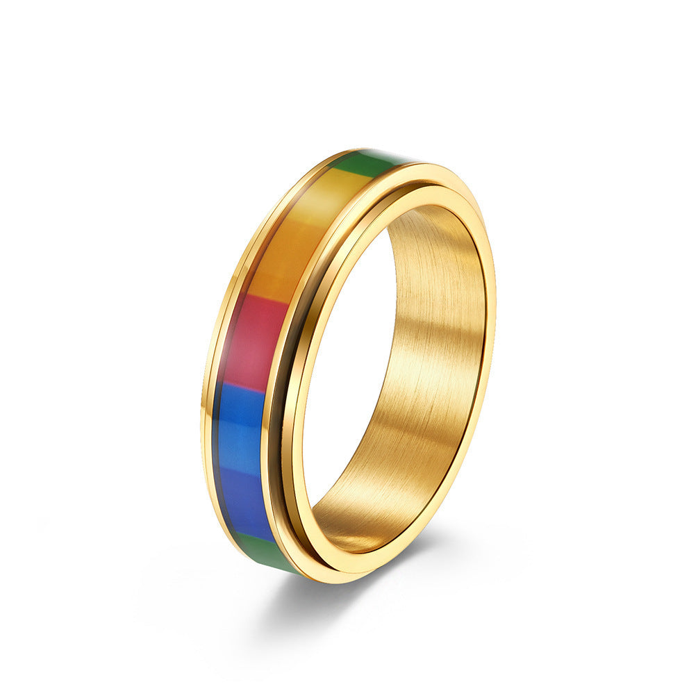 Unisex Rainbow Ring Titanium Steel Band Gold Black Electroplated Gift For Him Or Her Colorful Rainbow Finish Up