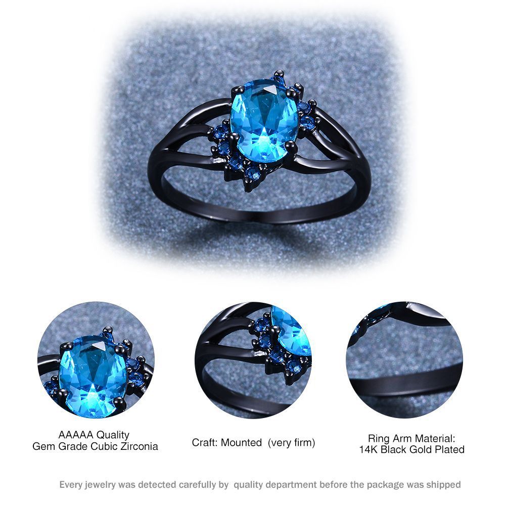 Oval Diamond Zircon Vintage Ring Gold Plated Copper Inlay Black Blue Gemstones Womens Timeless Sparkle Daywear