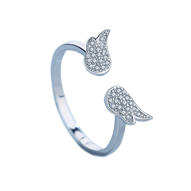 Women 925 Sterling Silver Ring Diamond Angel Wing Korean Drop Style Individually Packed Holiday Gift Elegant Gift Box
