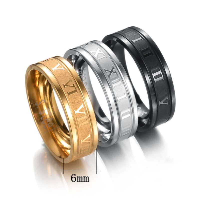 Titanium Steel Punk Ring Electroplated With Straight Edge Roman Numeral Band Fashion Jewelry With Plain Finish