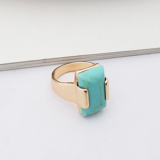 Women Alloy Rectangular Geometric Ring Gold Plated Gemstone Jewelry European American Style Fashion Accessory