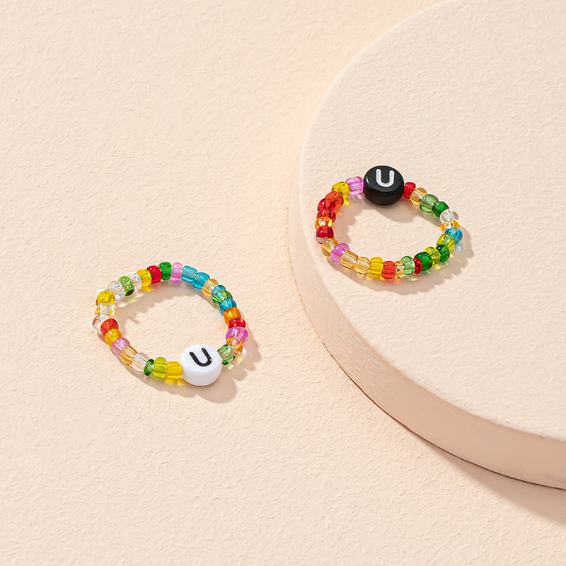 Beaded Letter Initial Ring For Ladies And Men Resin Alphabet Trendy Korean Geometric Ethnic Retro Jewelry Gift