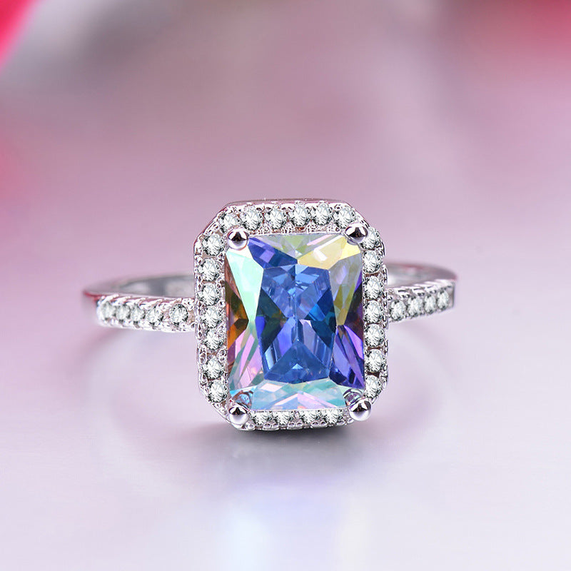 Rectangular Diamond Ring With Colorful Zircon Inlay