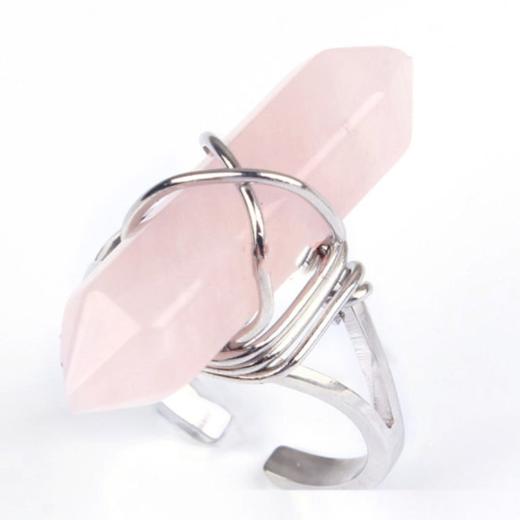 Natural Crystal Hexagon Pillar Ring Copper Band Jewelry For Women And Men European Fashion American Style Gift