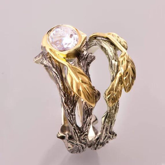 Gold Plated Couple Ring With European Branch Design Alloy Band Gems Semi Precious Stones For Elegant Gift Wear