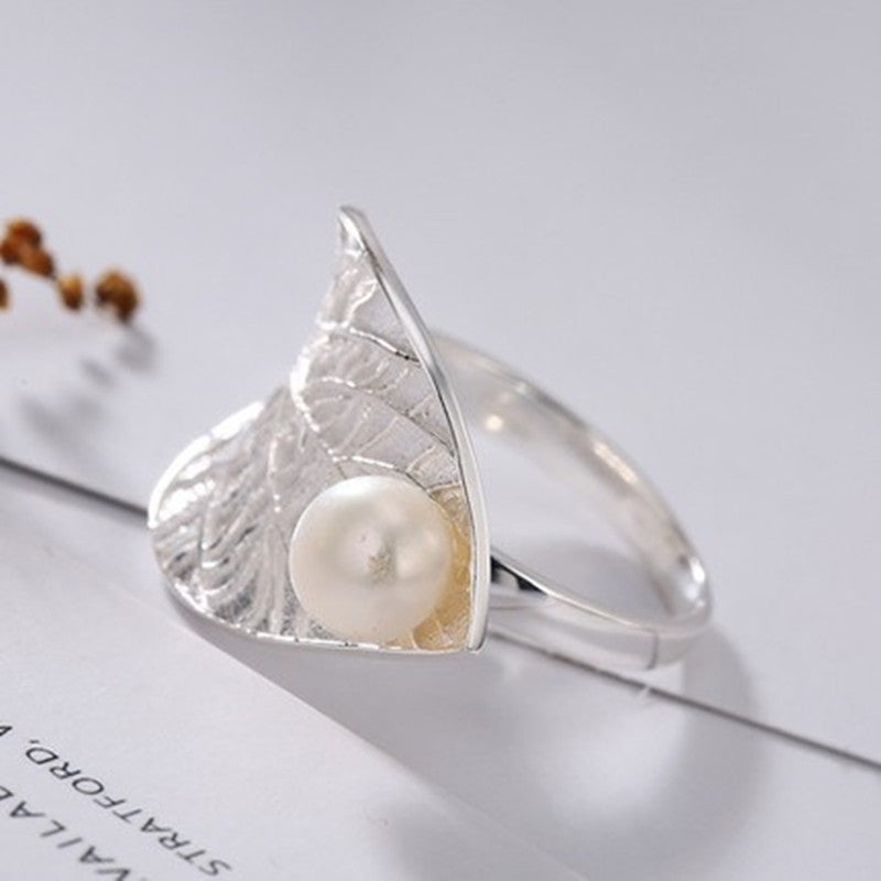 Sterling Silver Lotus Leaf Pearl Ring Elegant Jewelry Gift For Her Handcrafted Accessory Fine Craftsmanship In