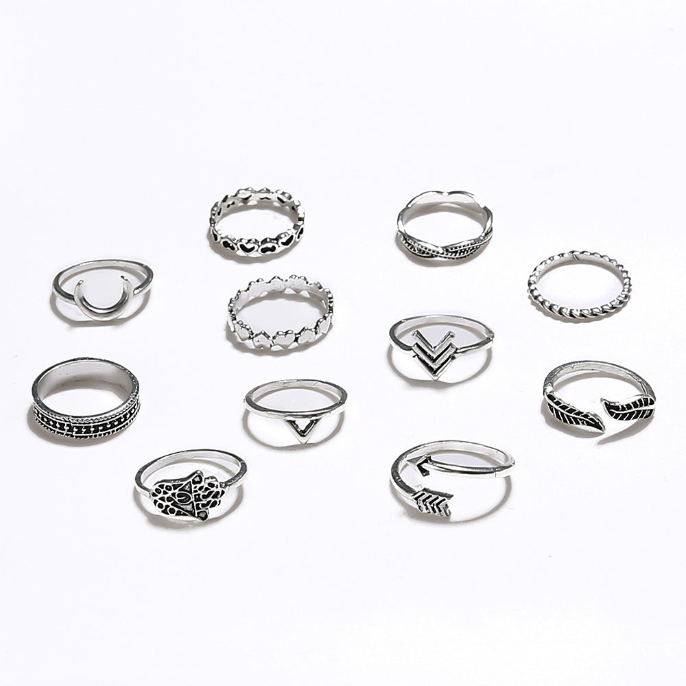 Womens Fashion Rings Set 11 Pieces Alloy Electroplated Rings With Leaf And Arrow Design European Style Jewelry