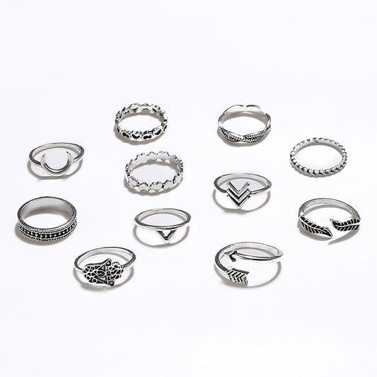 Womens Fashion Rings Set 11 Pieces Alloy Electroplated Rings With Leaf And Arrow Design European Style Jewelry
