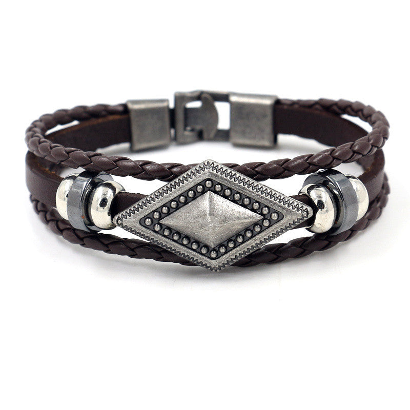 Mens Braided Leather Bracelet Double Buckle Geometric Wristband Cowhide European American Design Packed Stylish