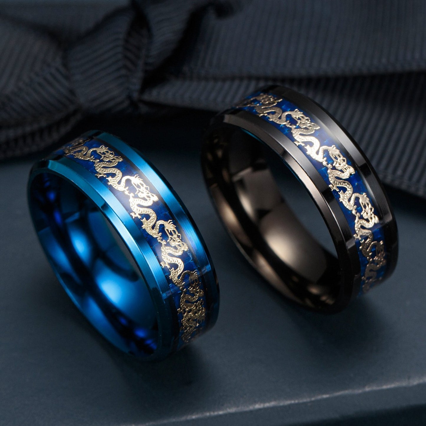 Vintage Chinese Dragon Plated Black Ring With Carbon Fiber Inlay 8mm Stainless Steel For Men And Women Styles