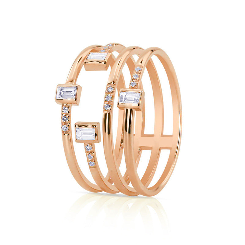 Four Line Ladies Ring Copper Plated Silver Zircon Party Jewelry Fashion Geometric Inlay Elegant Gift For Women