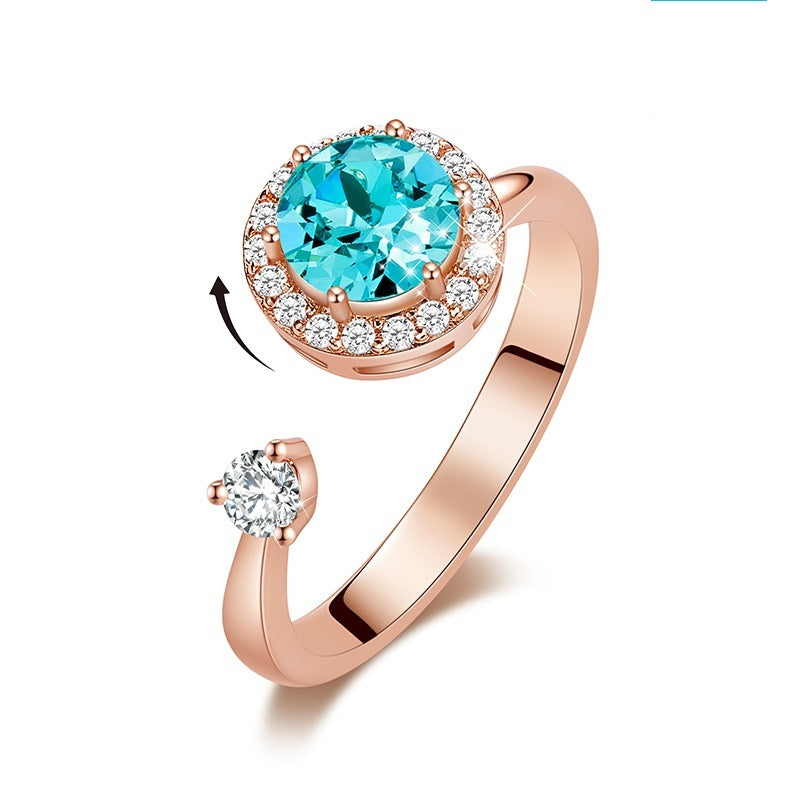 Ladies Rotating Crystal Inlay Ring With Copper Band Adjustable European American Style Jewelry Elegant Shimmer