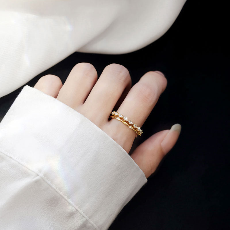 Sterling Silver Ring With Double Zircon Korean Geometric Design Electroplated 925 Silver Gem Ring For Her Women