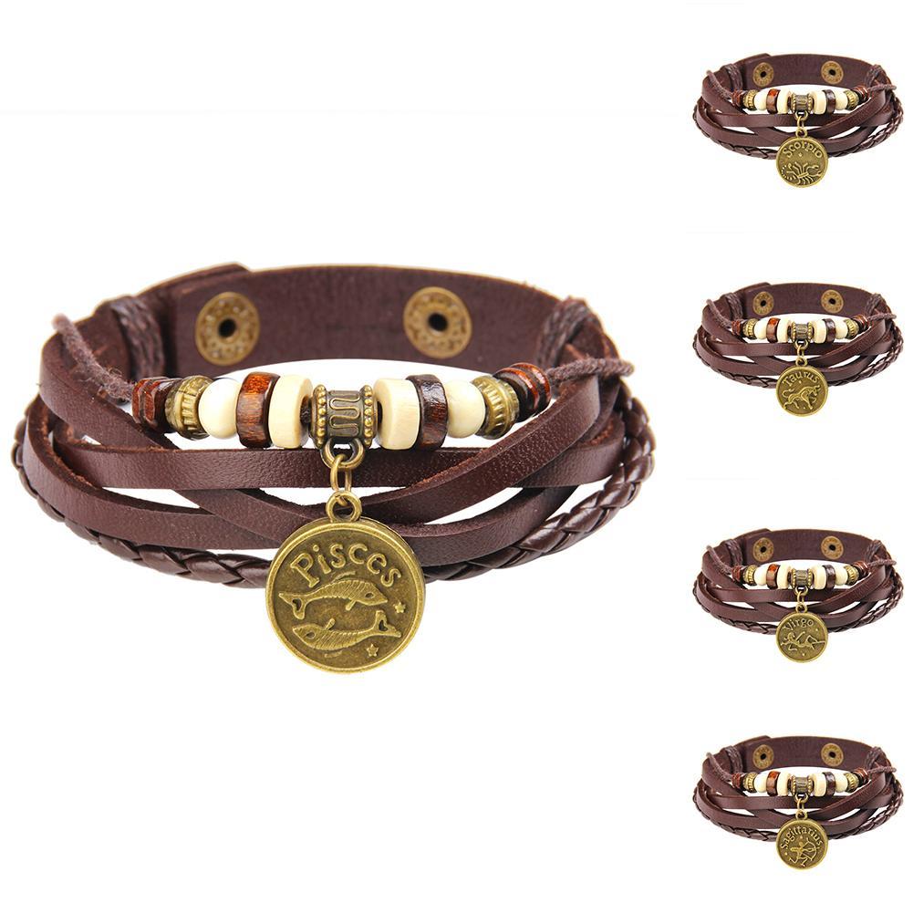 Unisex Astrological Sign Bracelet With Coin Charm And Layered Leather Bangle For Festival And Daily Wear Gift