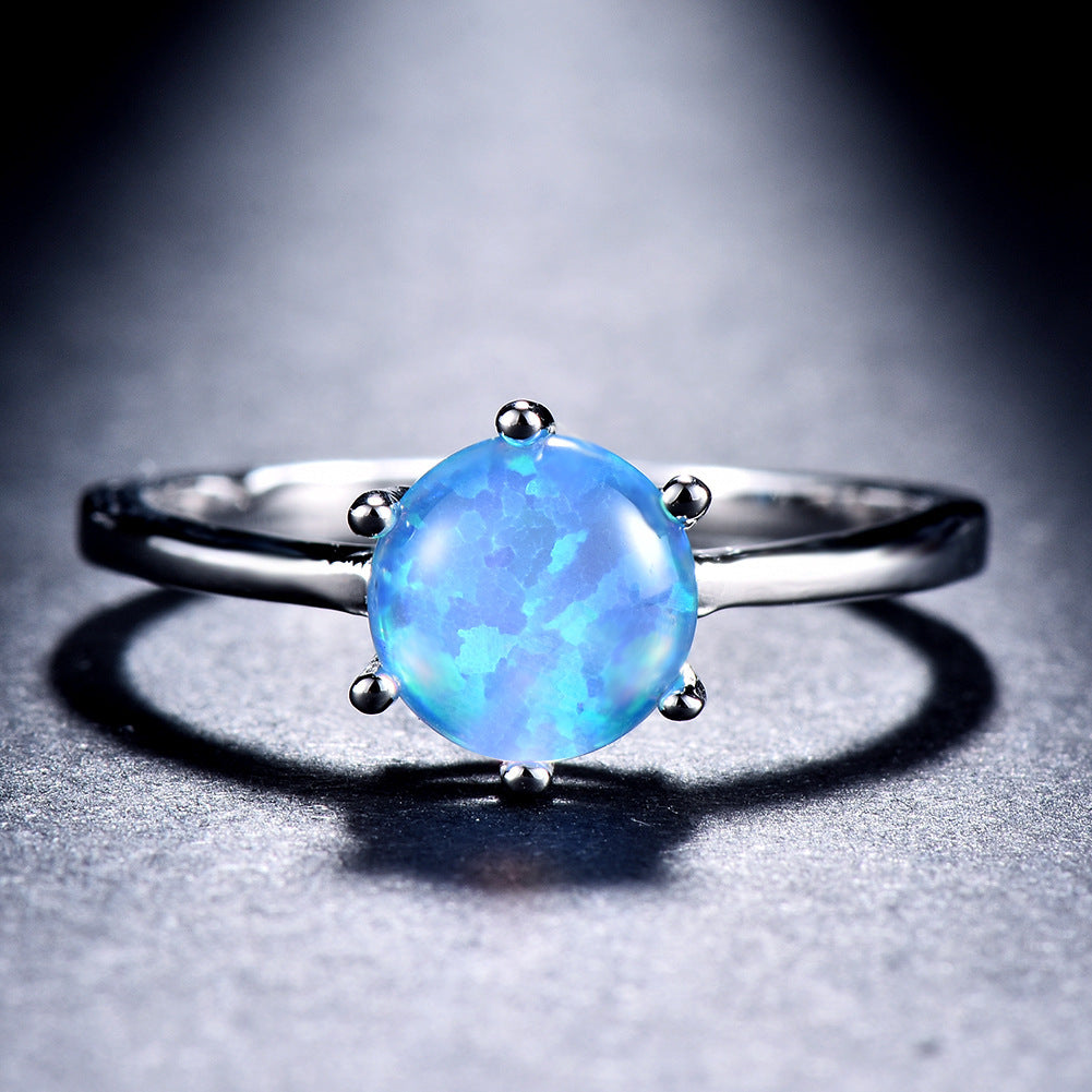 Six Prong Ladies Opal Ring Platinum Main Stone Opal Blue White Colorful Shine Gift For Special Occasions Today